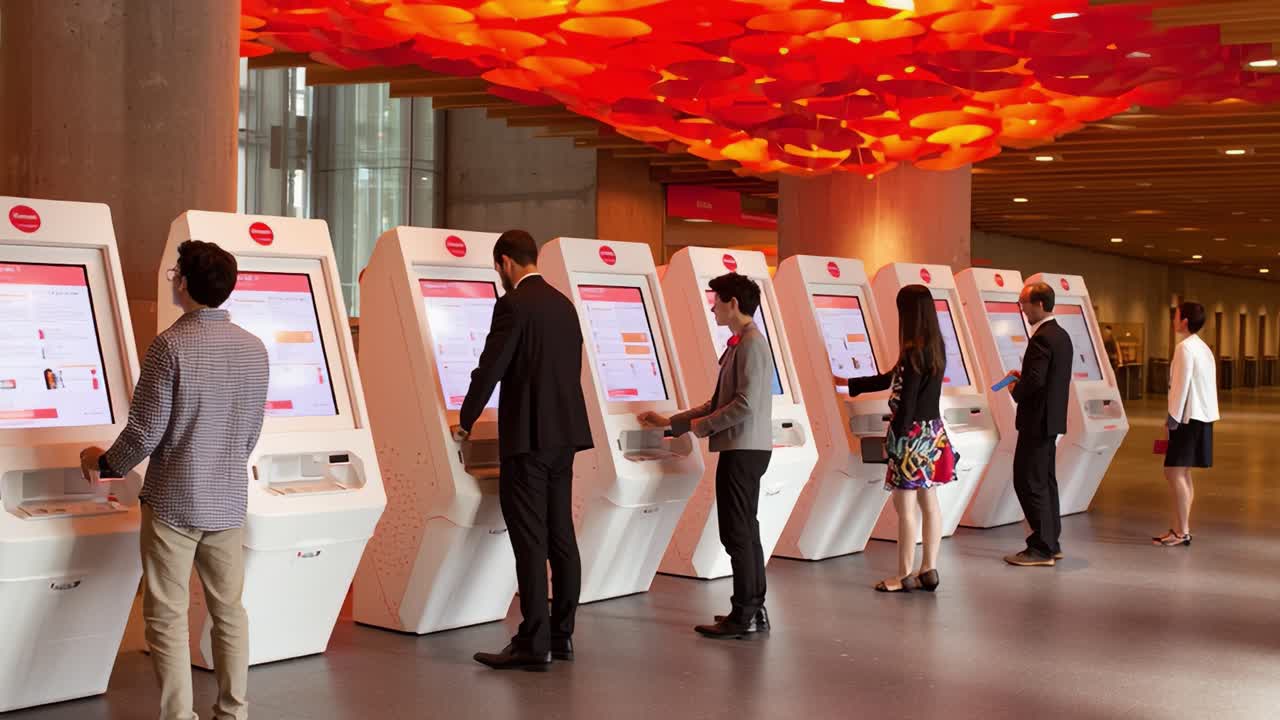 A group of individuals interact with sleek digital kiosks in a modern, well-lit environment, showcasing the transition and engagement with technology in a public space