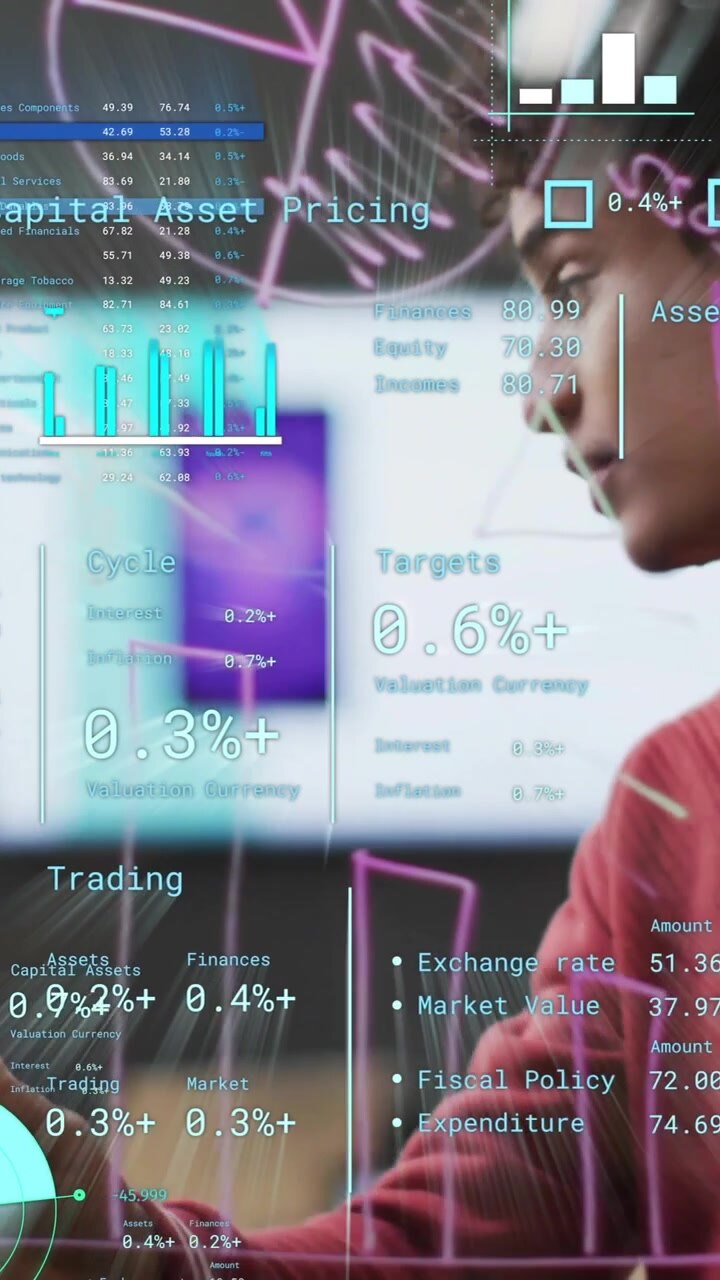 Animation of financial data processing over diverse business people in office