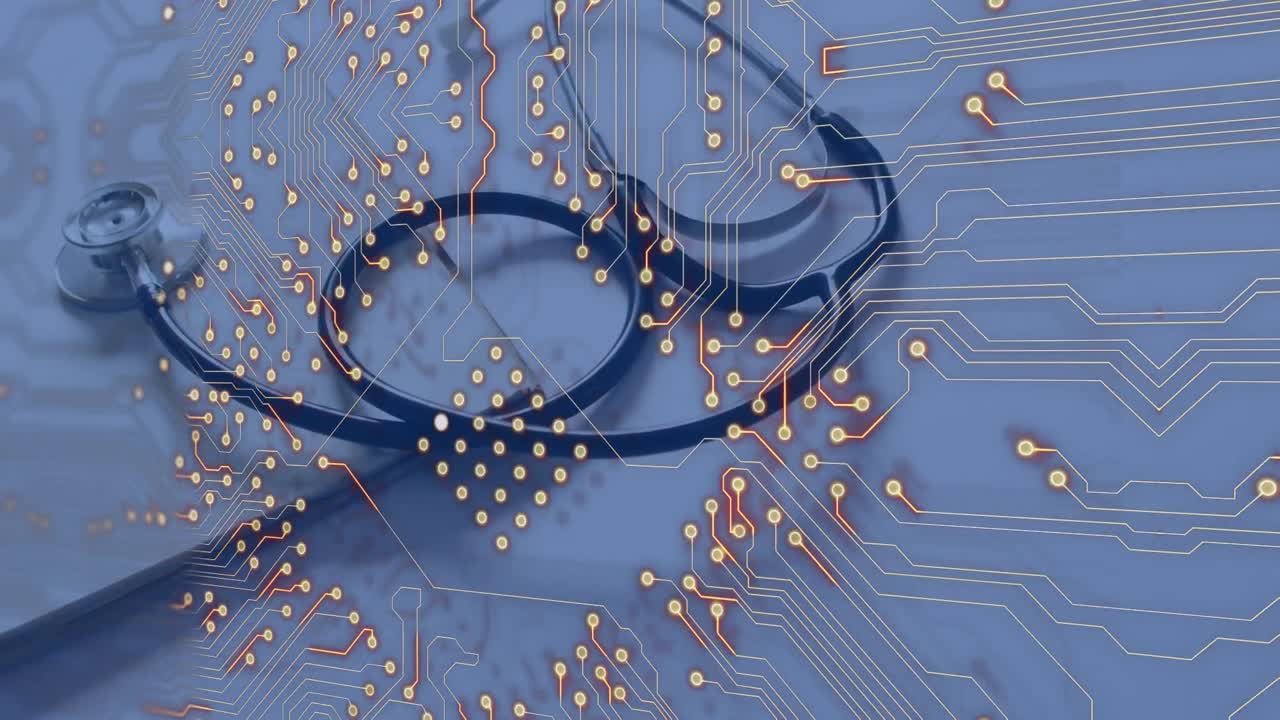 анимация интегральной схемы над ноутбуком и стетоскопом