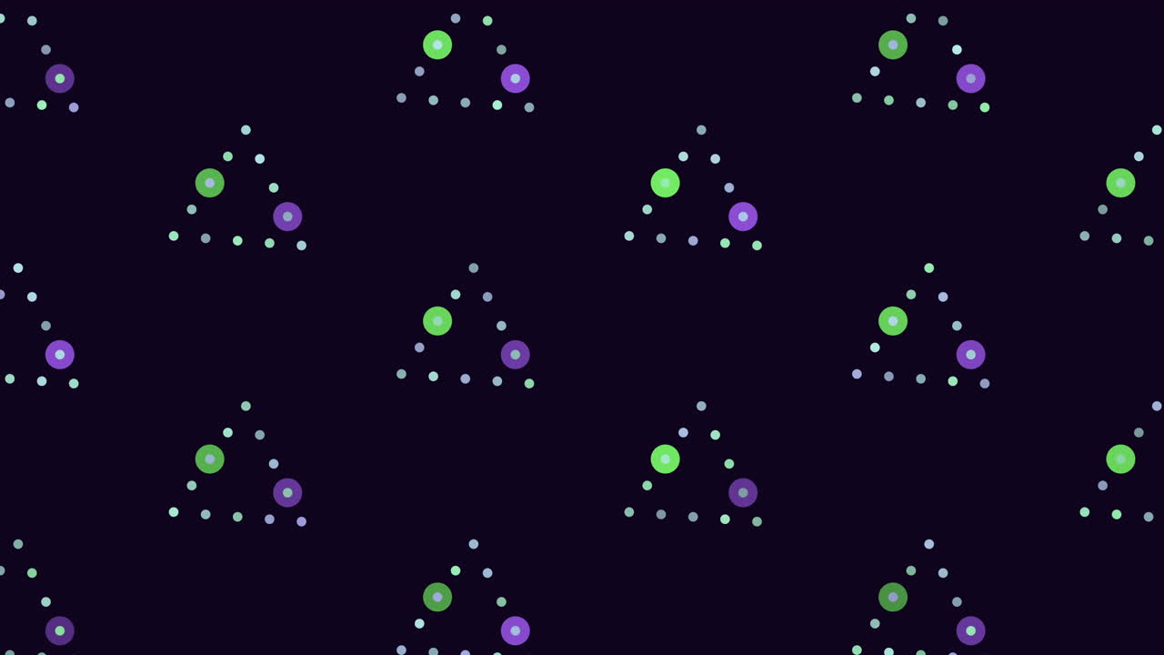 Seamless looping abstract footage featuring dotted triangle shapes with rotating green and purple circles on a dark background, ideal as a modern tech style backdrop or motion graphic overlay