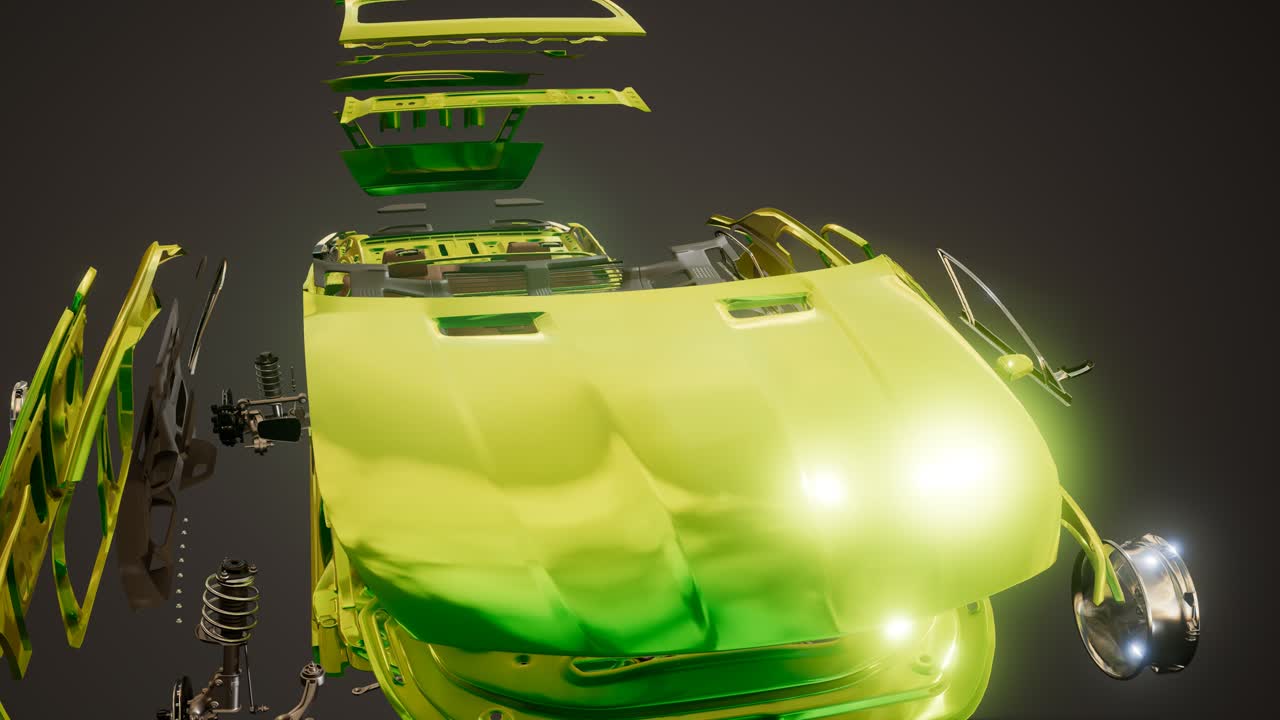 coche desmontado con partes visibles