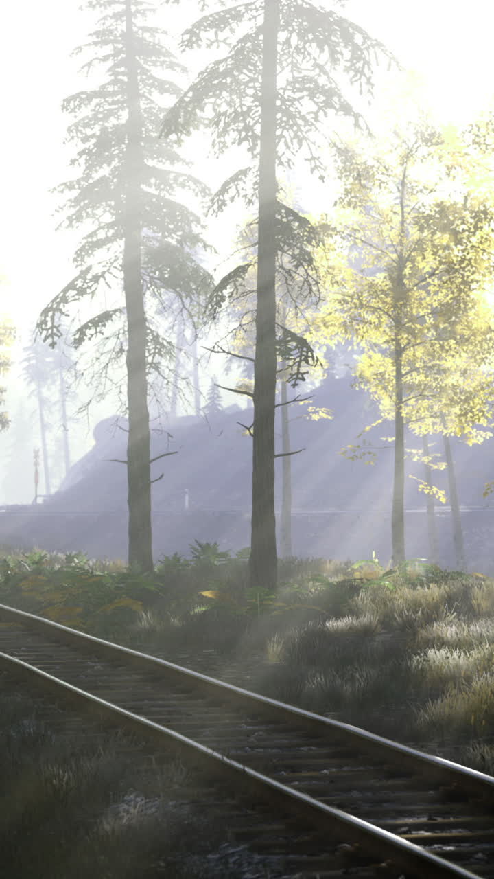 Misty forest landscape with sun rays illuminating railway tracks at dawn