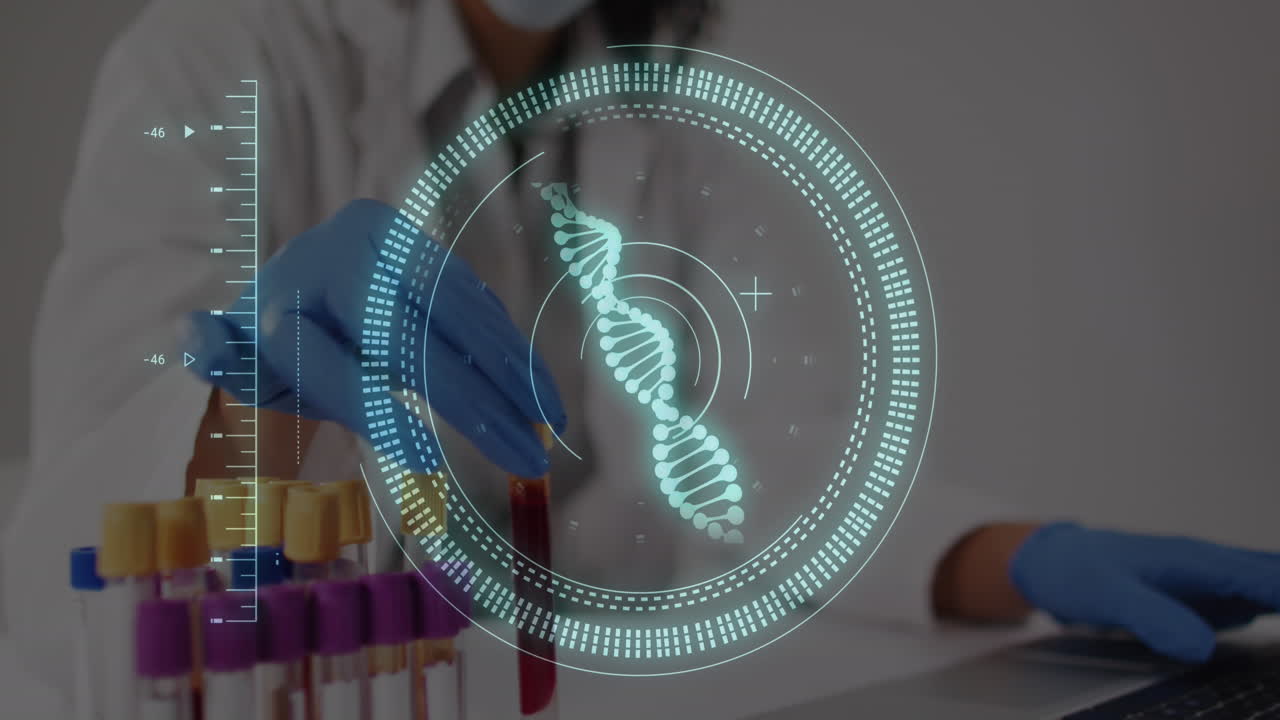 animación de procesamiento de datos y cadena de adn sobre una doctora biracial con tubos de ensayo