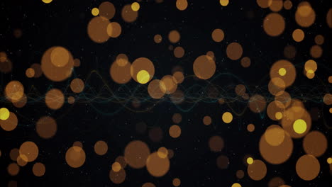 Floating golden circles drifting over dark digital backdrop, intersecting blue-green waveform lines