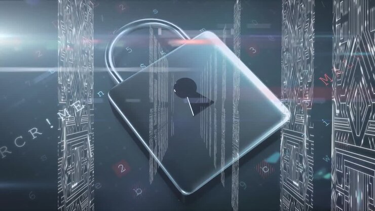Animation of security padlock, data processing network of connections over computer servers