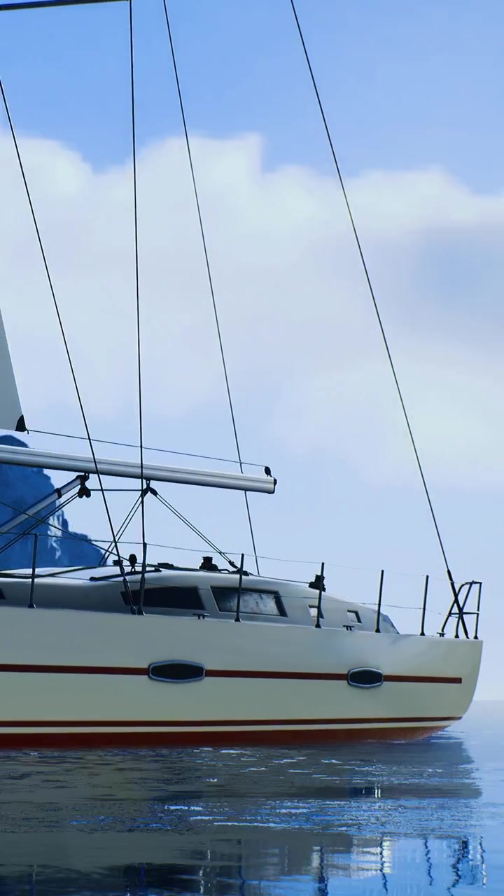 Barca a vela vicino a una montagna sotto un cielo limpido in piena luce solare.