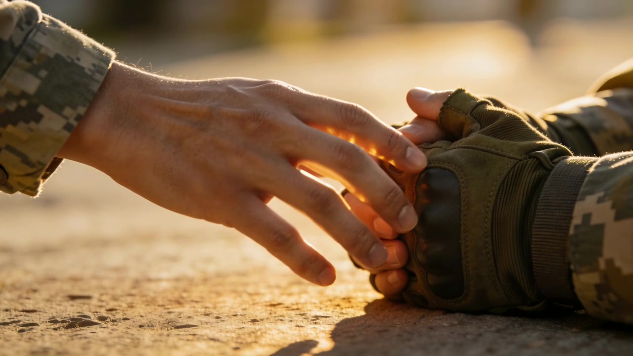 Reaching bare hand entering, closing around knuckled glove, camo sleeve on dusty sand, offering aid