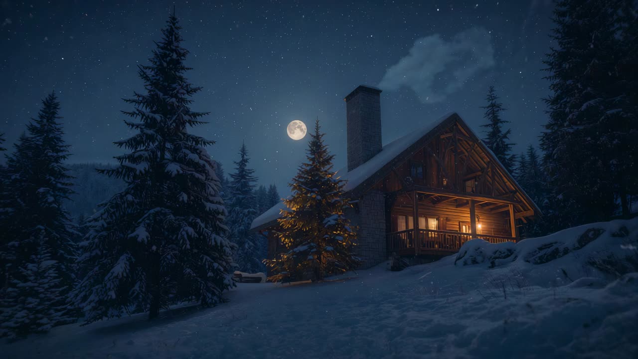 Glowing lit cabin sending chimney smoke drifting in light breeze under full moon, with lit tree