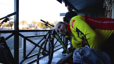 cyclist getting ready to ride a bike