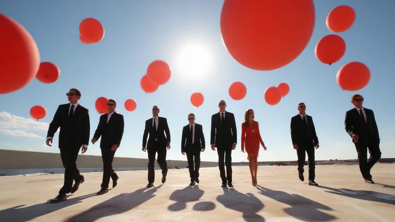 A group of elegantly dressed individuals walks confidently under bright red balloons on a sunlit rooftop, showcasing a blend of style, charm, and vibrant colors in a stunning composition