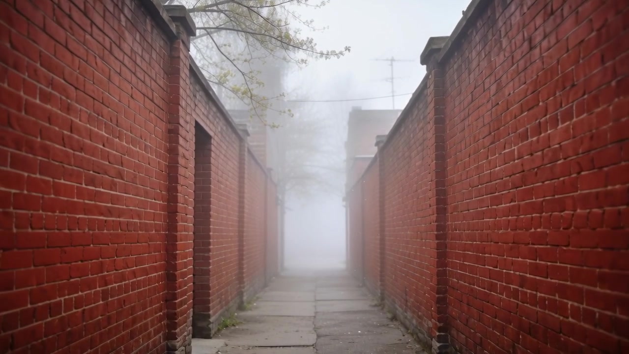 Telecamera in movimento verso un'uscita pallida, con nebbia che riempie uno stretto vicolo tra muri di mattoni rossi