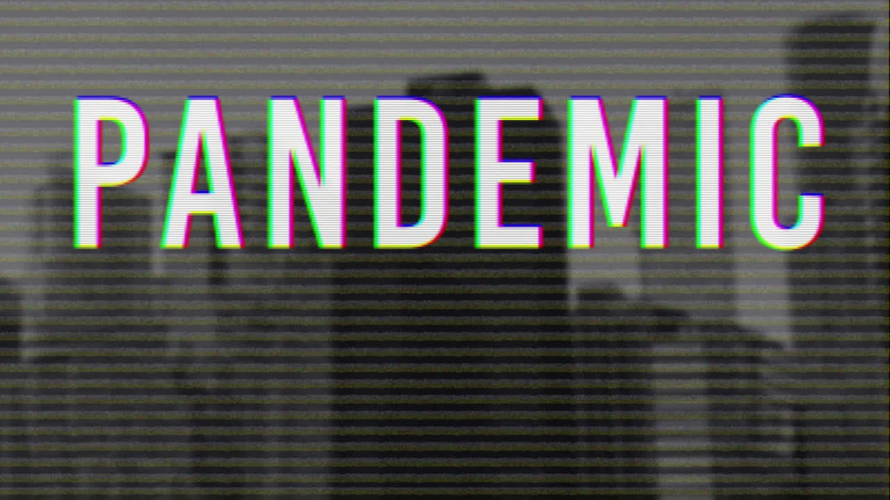 texto de pandemia contra el paisaje urbano en el fondo