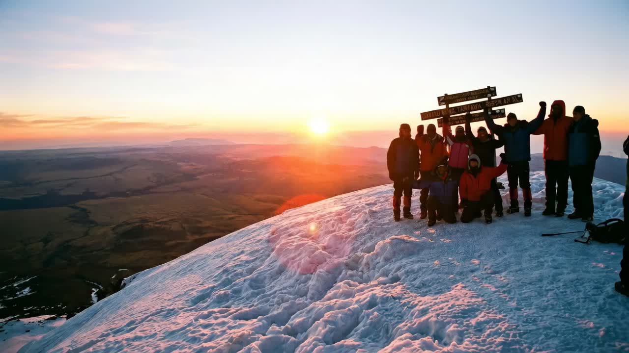 日の出に雪山の頂上で祝うグループ