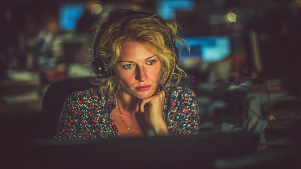 Focused Operator Analyzing Data in a Dimly Lit Control Room Enhancing Efficiency and Performance While Handling Complex Tasks