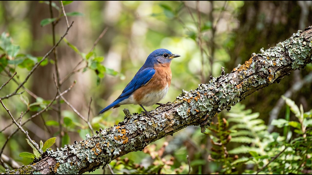 Uccello azzurro orientale appollaiato su un ramo d'albero muschioso nella foresta, filmato di fauna selvatica generato dall'IA.