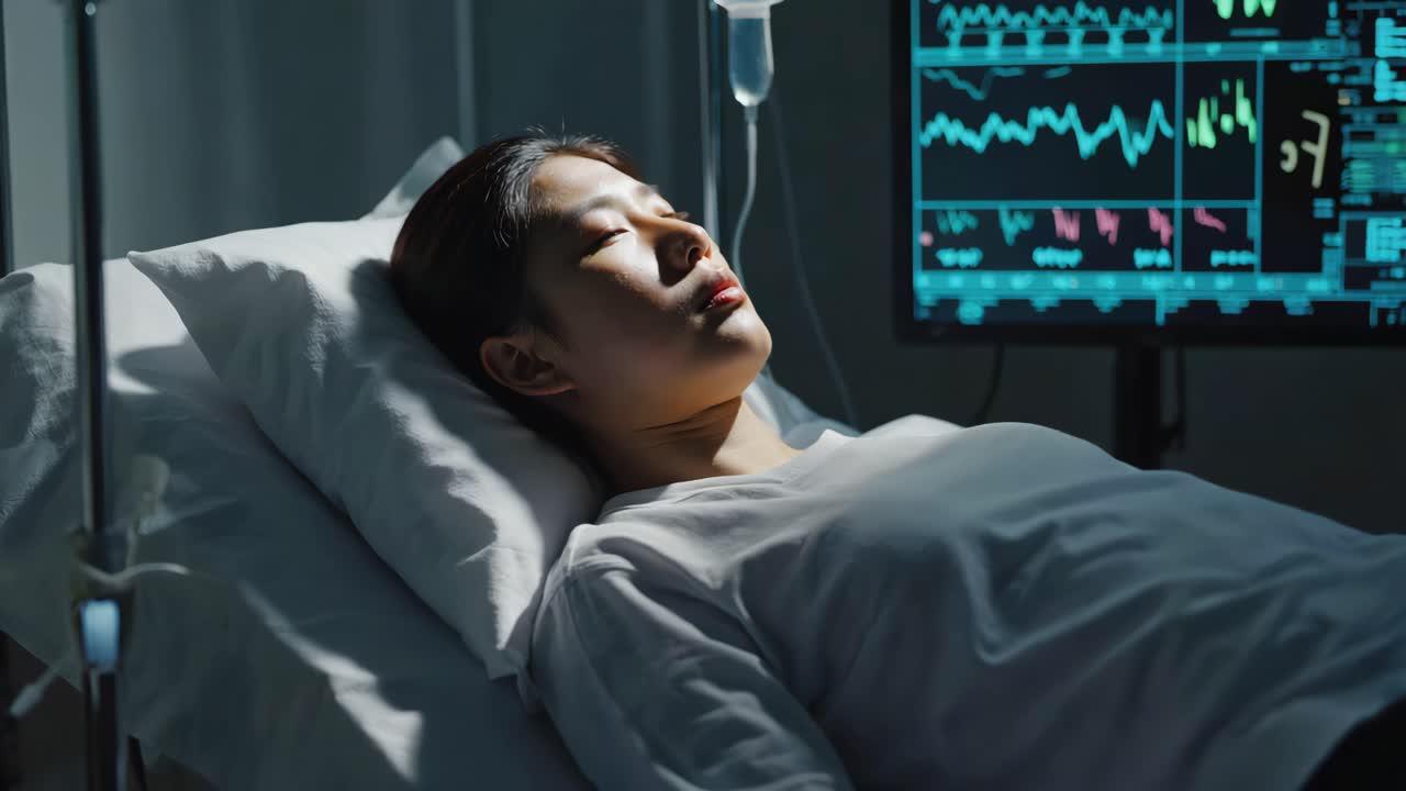 A woman is in a hospital bed with a medical monitor