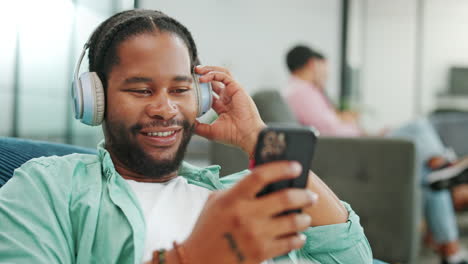 Headphones,-relax-and-black-man-with-a-phone