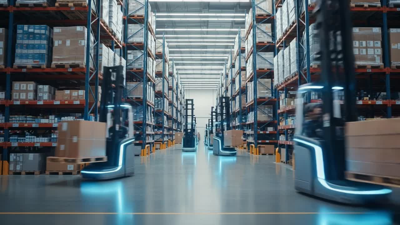 Advanced Automation in Warehousing: Sleek Robotic Forklifts Efficiently Transporting Goods Within a High-Tech Storage Facility