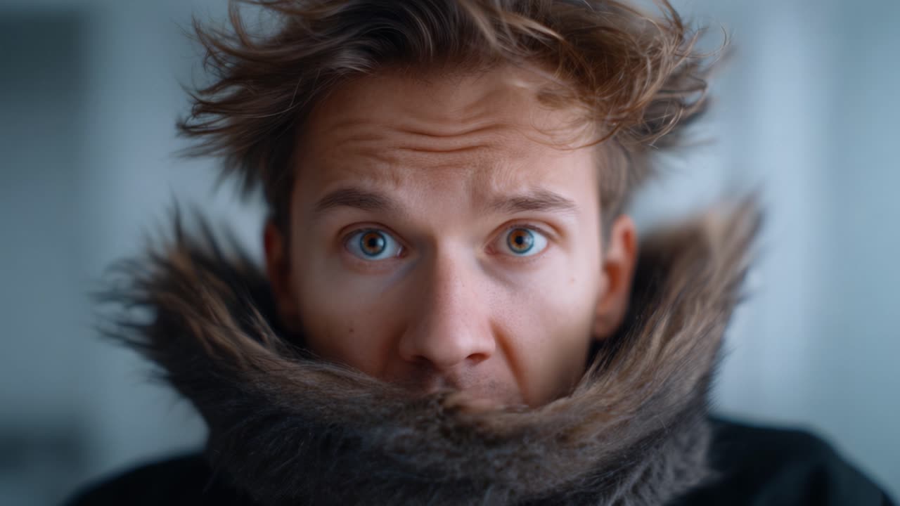 Nærbillede af en ung mand i en jakke med pelskrave, der udtrykker overraskelse og bekymring i et vintermiljø, fanget med skarpt fokus og følelsesmæssig dybde.