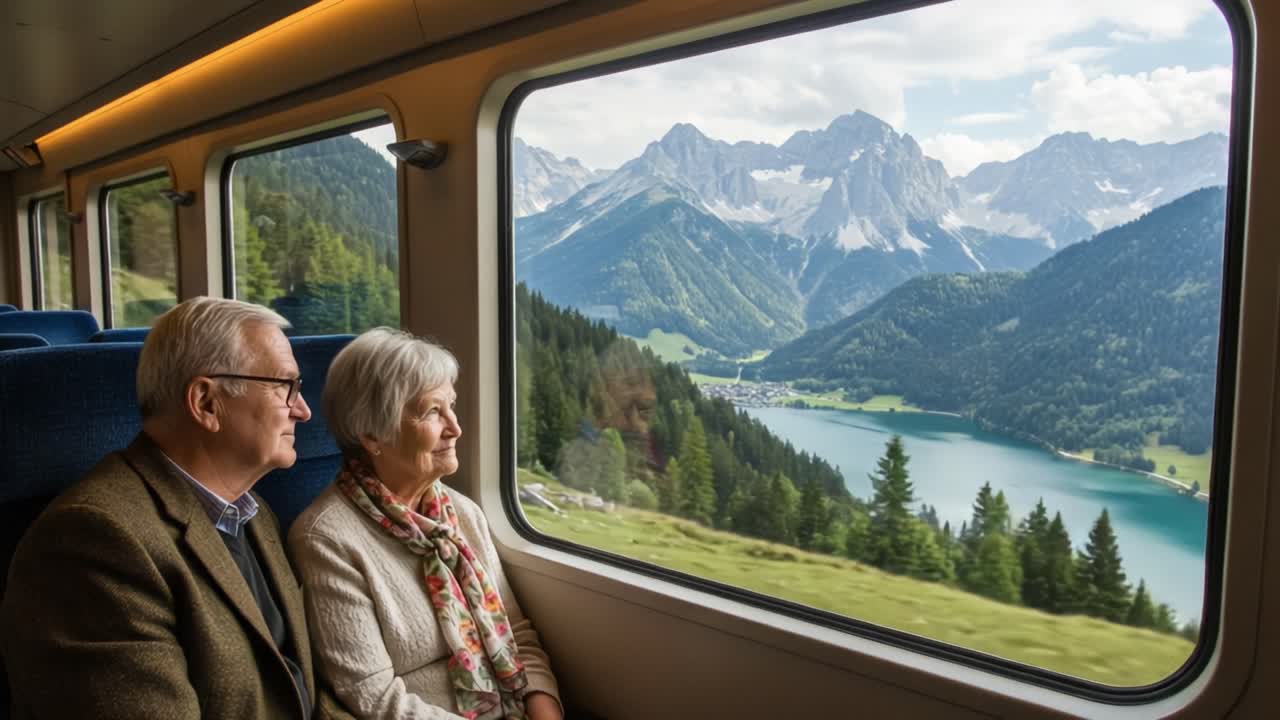 Two elderly individuals enjoying a serene train journey, gazing out at breathtaking mountain landscapes and tranquil lakes through a large window