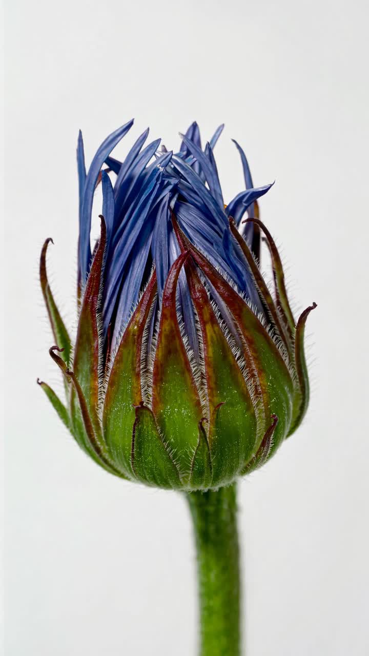 Close-up of a budding blue flower against a white background, captured from a side angle