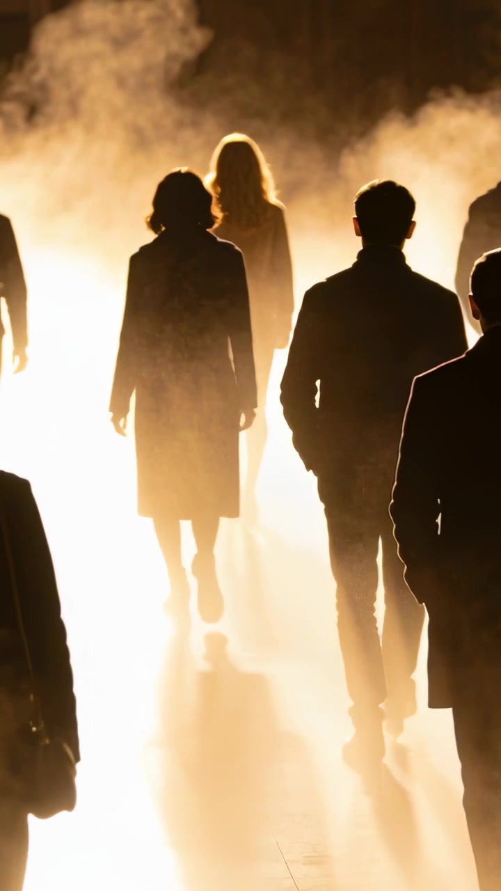 Video verticale: Tre figure che camminano verso il controluce mentre la nebbia sale, in cappotti e gonna su piastrelle