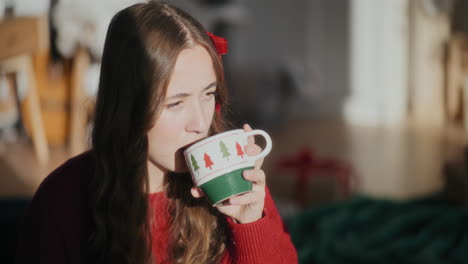 Hermosa-Mujer-Asintiendo-Con-La-Cabeza-Mientras-Toma-Café-En-Una-Casa-Luminosa-Durante-La-Navidad