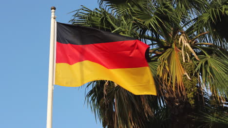 Flagge-Deutschlands-Weht-Sanft-An-Klaren-Tagen,-Palme-Im-Hintergrund