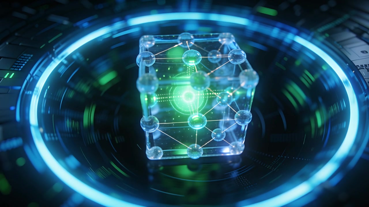 Pulsing green core energizing crystalline cube rotating on holographic platform, revealing nodes