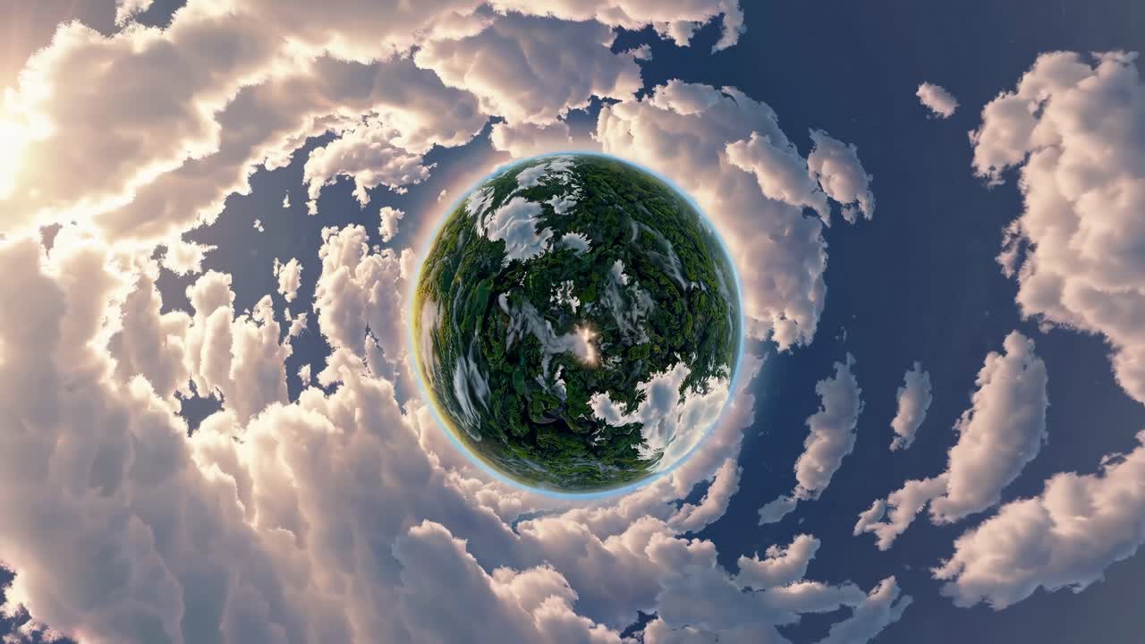 Aerial video view of a tiny planet effect with lush greenery and swirling clouds