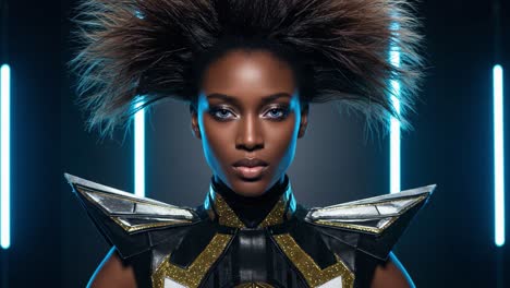striking portrait of a model with dramatic hair and futuristic outfit illuminated by neon lights, showcasing unique fashion and style elements