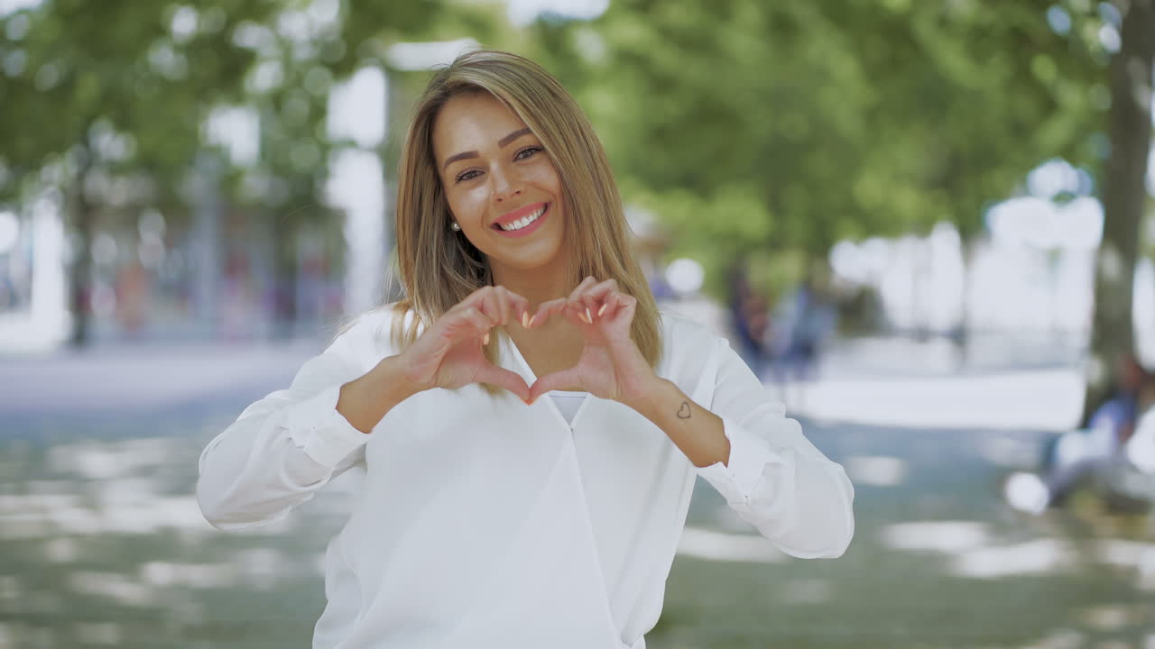 Eliyle kalp işareti yapan mutlu genç kadın.