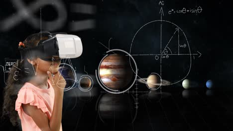 mathematical equations and solar system floating against girl using vr headset