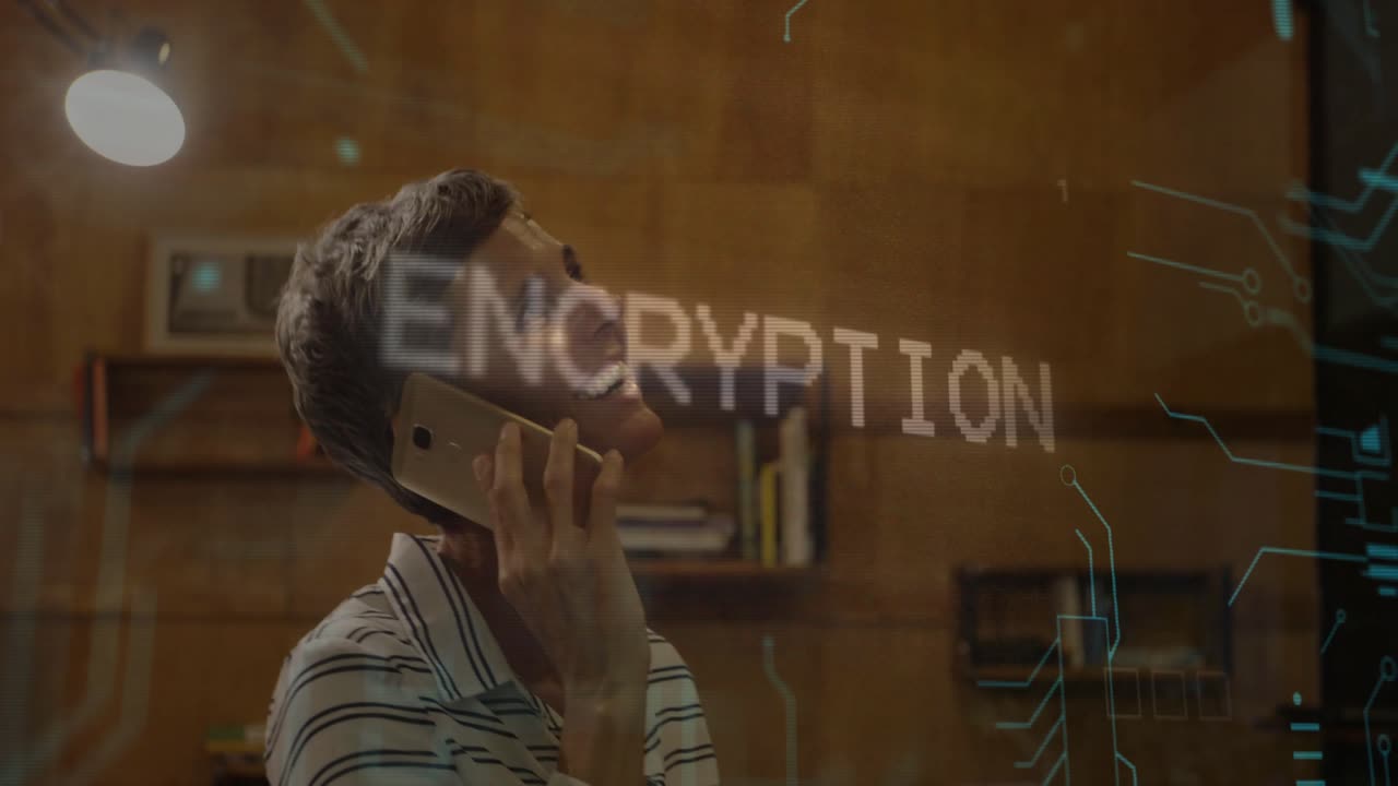 Mature woman holding phone to ear securing call, watching encryption text forming circuit graphics