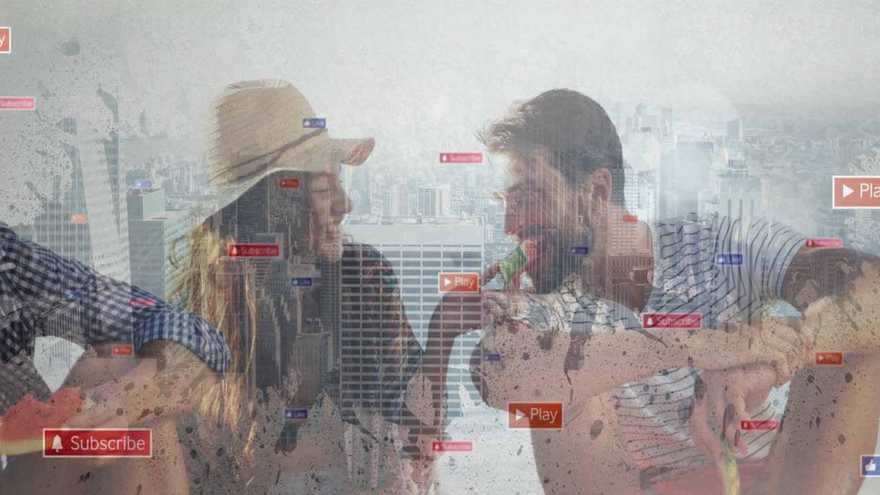 Drinking in cityscape, couple with animation of social media icons around them