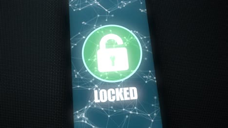 high quality animated 3d cgi render with orbiting camera move - close up of mobile phone being unlocked and hacked, with skull and crossbones motif and spreading deadly virus