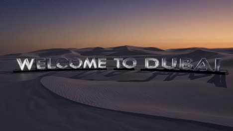 large metallic sign welcoming visitors to dubai, positioned on expansive sand dunes beneath a twilight sky, crafting an enchanting travel scene that captures the essence of adventure