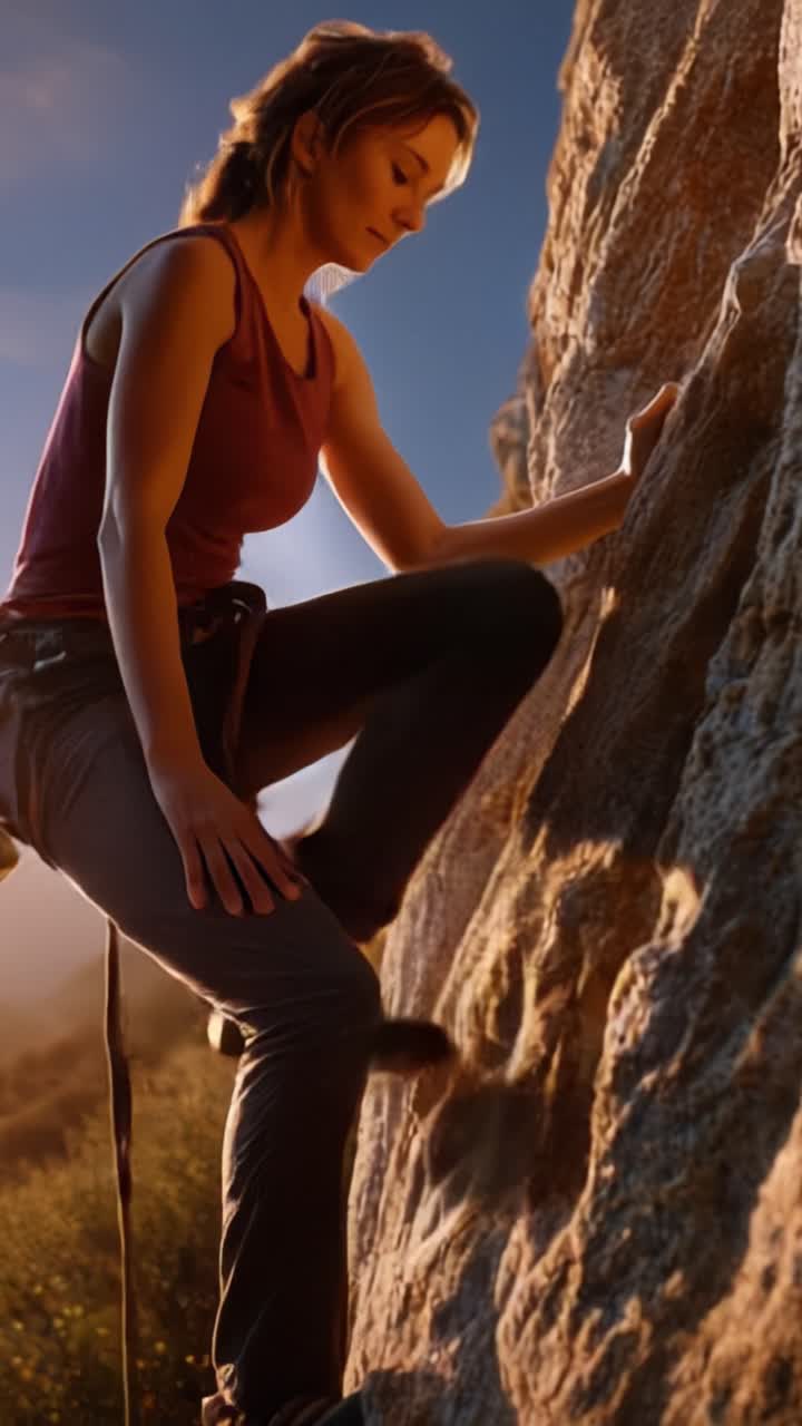 Um escalador determinado ascende habilmente um penhasco rochoso no brilho quente do sol, demonstrando força, foco e a aventura do bouldering ao ar livre