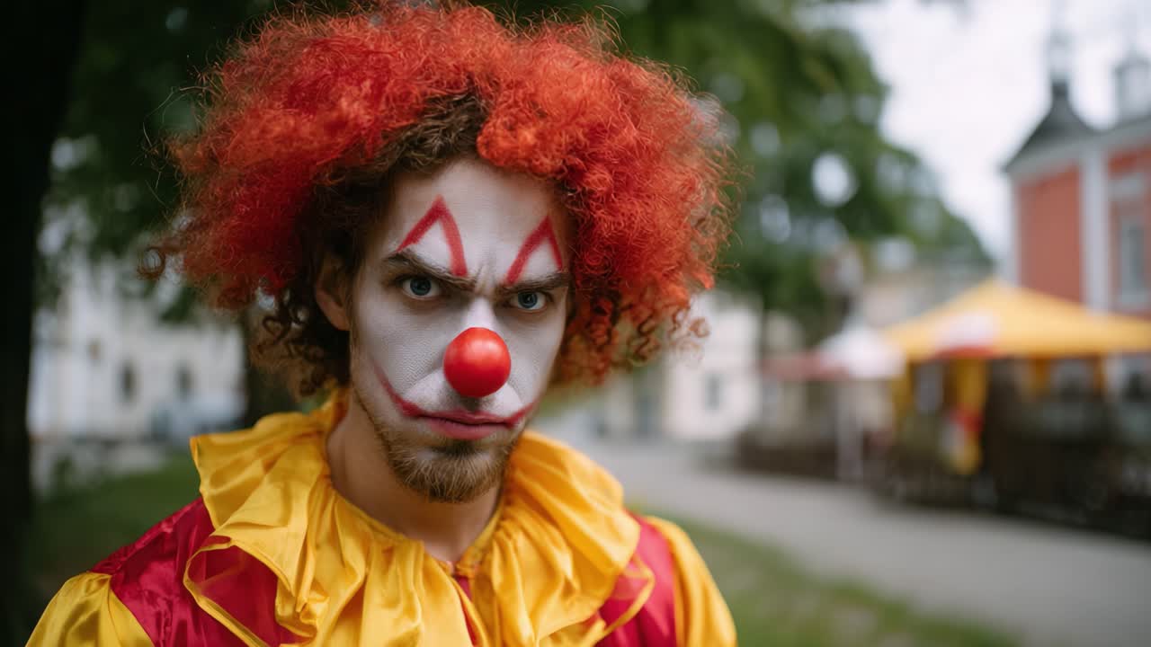 Clown misterioso con capelli rosso fuoco: un ritratto di emozione e intrigo in un ambiente vivace, che cattura le espressioni in uno stile unico e coinvolgente