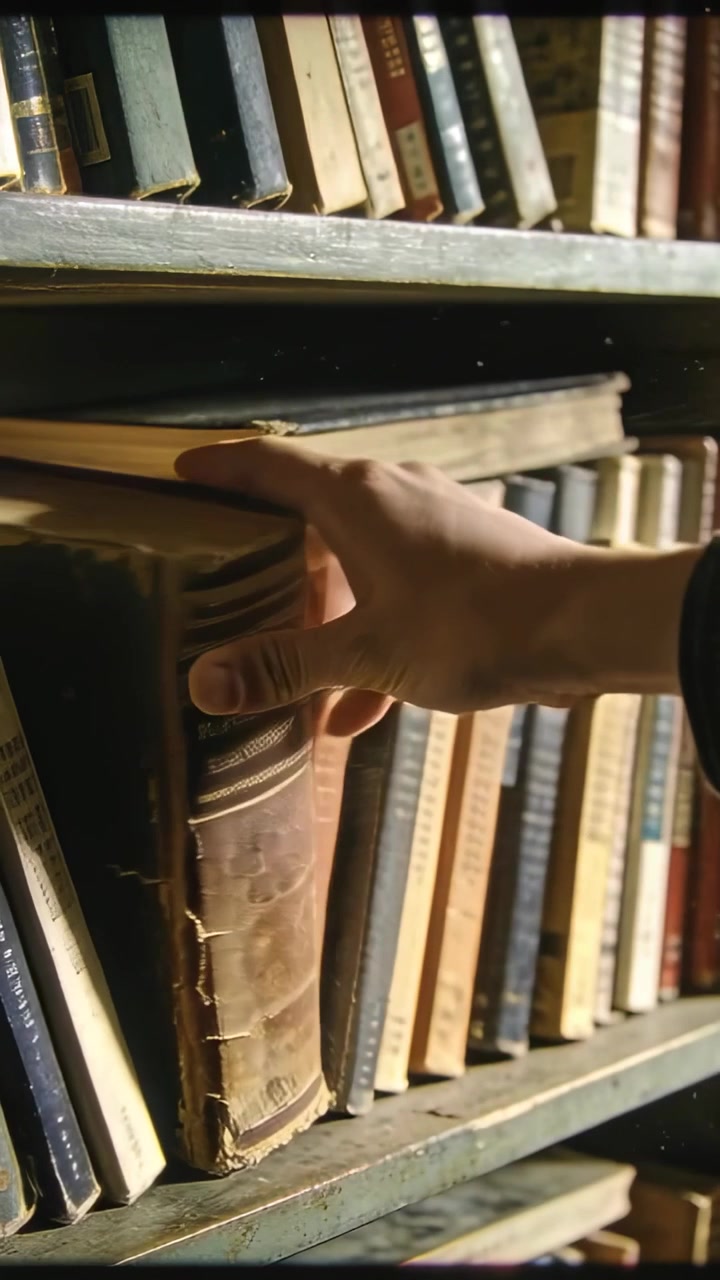 Video verticale: Mano destra che si allunga in una manica scura, prendendo un libro da uno scaffale dello studio e mostrando pagine invecchiate.