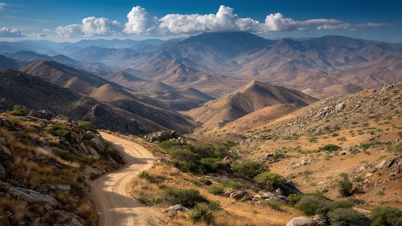 Breathtaking Mountain Landscape with Serene Road Curving Through Rolling Hills Under a Wide Blue Sky and Fluffy Clouds, Capturing Nature's Beauty and Tranquility