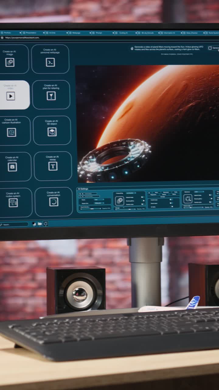 Vertical video Computer screen with AI program turning text prompt into videos results