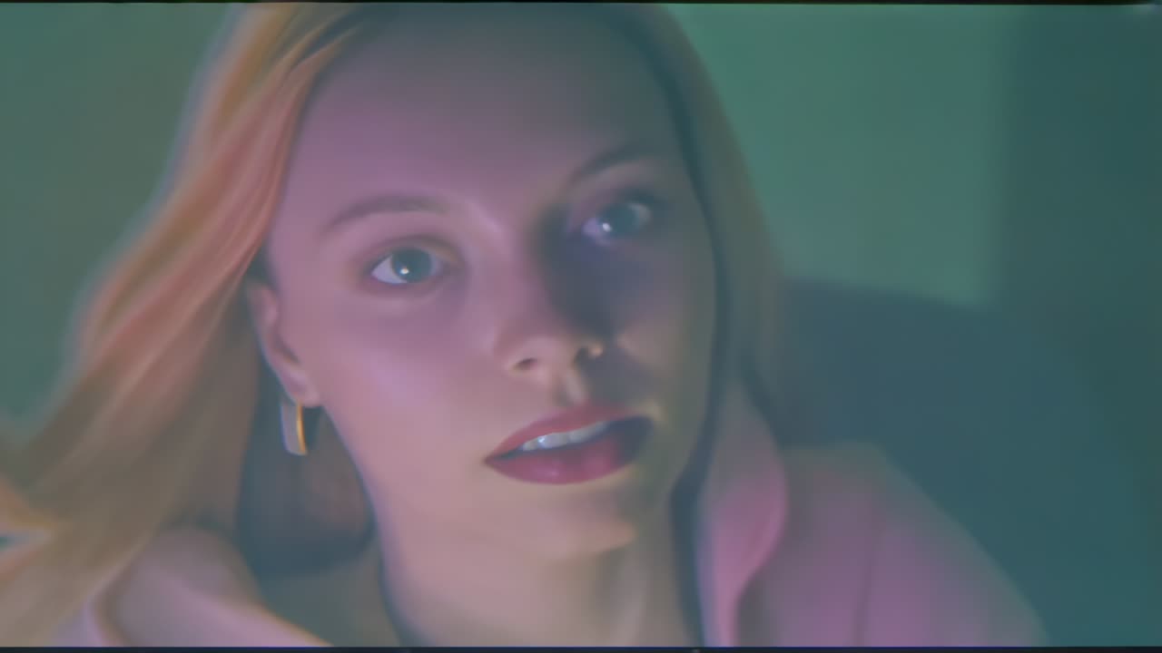 Reacting to camera shift, woman tilting while gazing up in home chair, pink hoodie, teal lighting