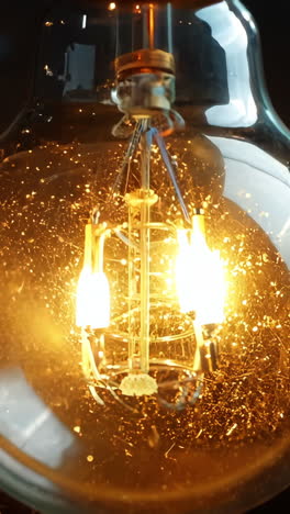 a light bulb is glowing brightly and is hanging from a cord. the light bulb is a vintage style bulb and is emitting a warm, yellow light. the cord is made of metal and is hanging from the ceiling