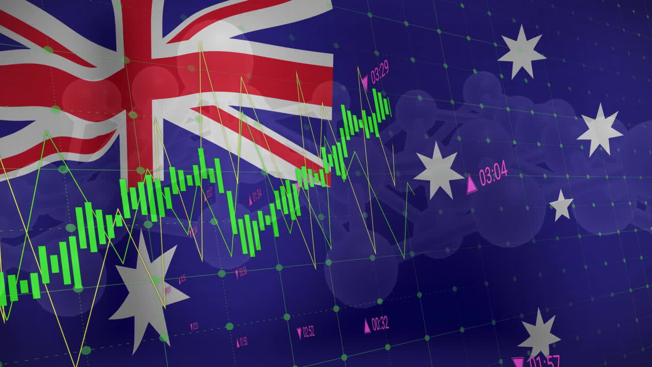 Stock market graph and financial data overlaying Australian flag animation