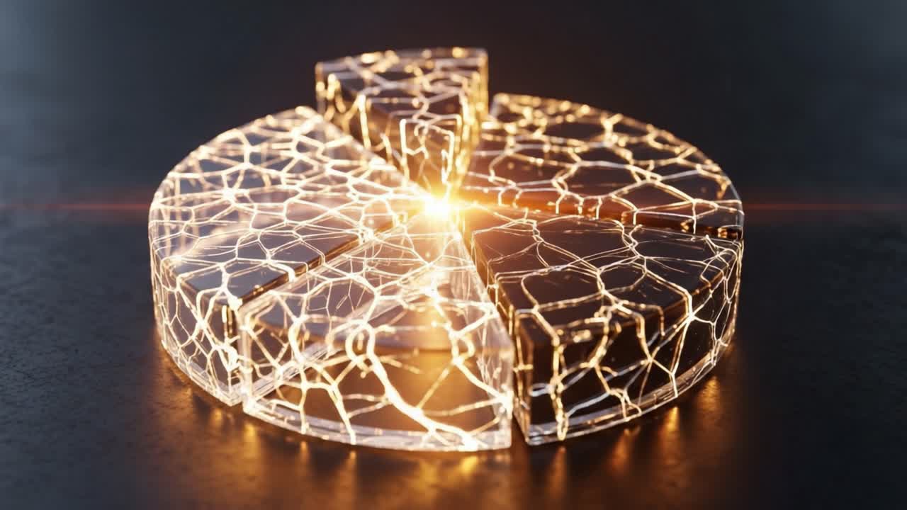 A Stunning Visual of a Cracked Pie Chart Illuminated by Bright Light, Showcasing Unique Textures and Patterns in a Futuristic Design