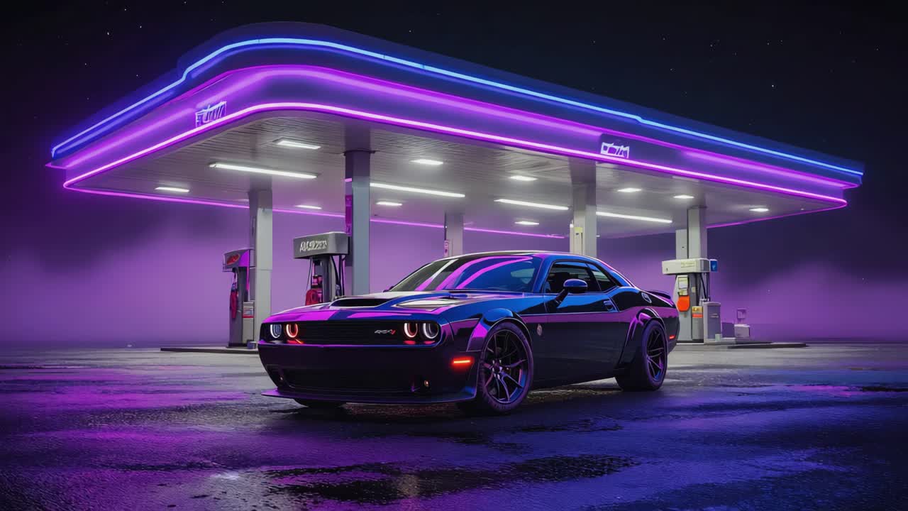 Sleek Muscle Car Under Vibrant Neon Lights at a Night Gas Station