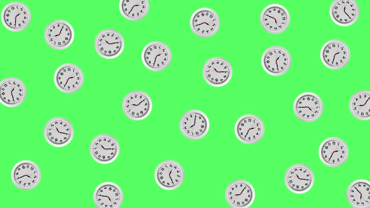 seamless looping animation with many white wall clocks that wiggle. arrows spin clockwise. green screen or chroma key background with copy space