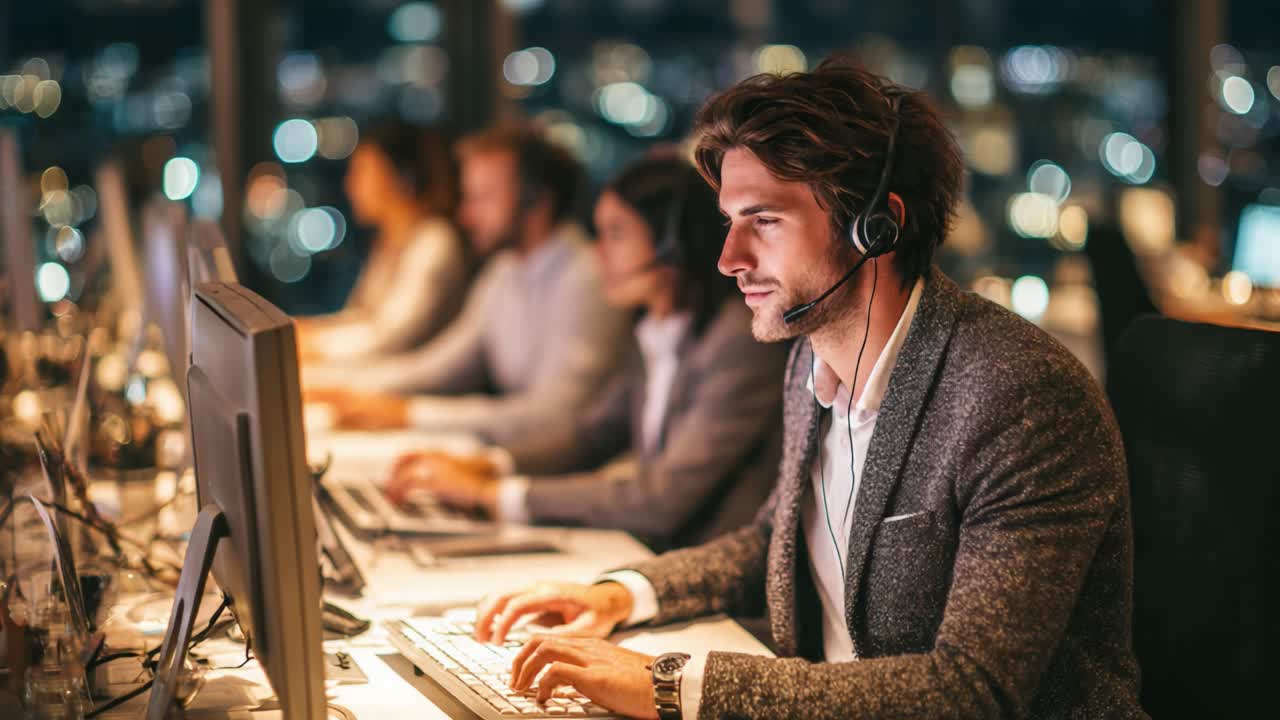 A focused professional working in a bustling office environment at night, adorned with modern technology and warm lighting, concentrating on his computer screen with a headset