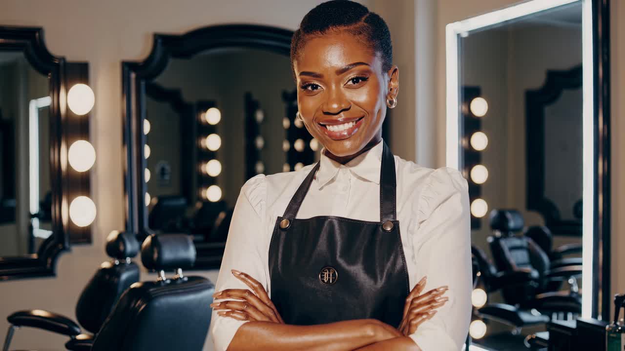 Confident barber smiling in a stylish salon, captured from a front-facing angle